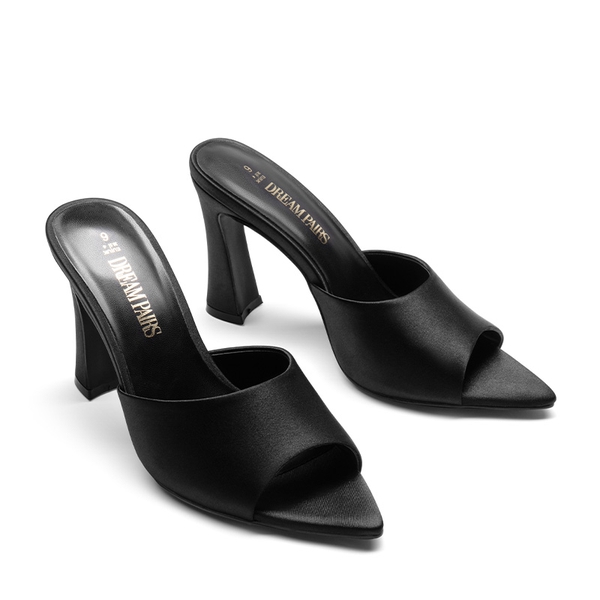 Pointed Toe Flared Heel Sandals - BLACK - 4